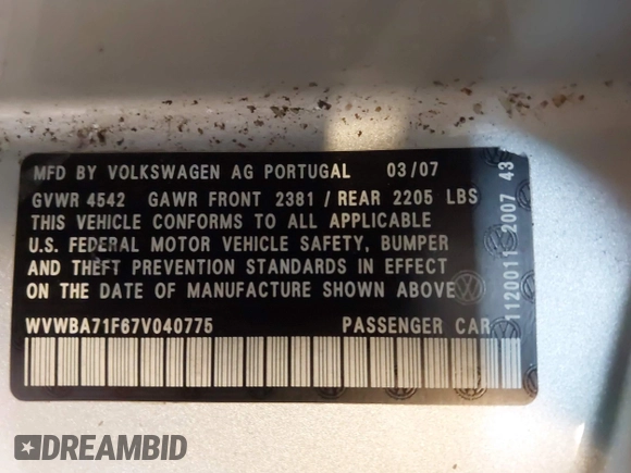 2007 Volkswagen Eos 2.0T with VIN WVWBA71F67V040775, listed as a IAAI auction lot 41913098 with 98,554 mi miles and . Bid and sale history available at DreamBid. Image 9.