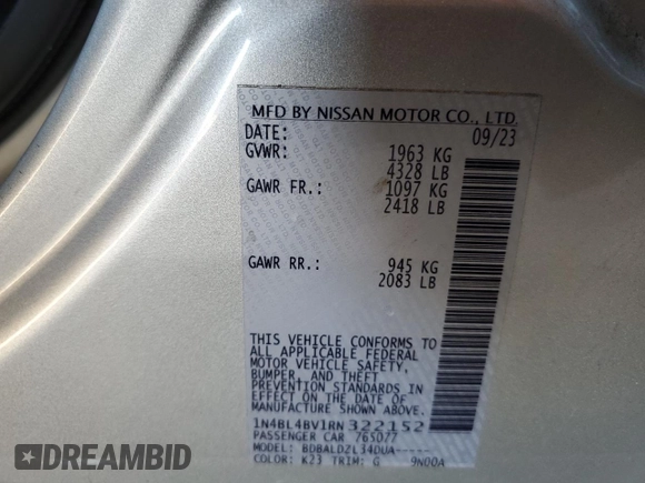 2024 Nissan Altima S with VIN 1N4BL4BV1RN322152, listed as a Copart auction lot 49280505 with 38,256 mi miles and Salvage Title. Bid and sale history available at carsss.com. Image 12.