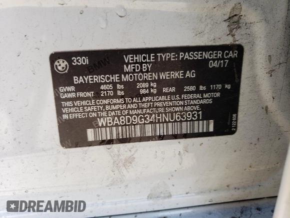 2017 BMW 3 Series 330i xDrive with VIN WBA8D9G34HNU63931, listed as a Copart auction lot 51147833 with 68,251 mi miles and Salvage Title. Bid and sale history available at carsss.com. Image 12.