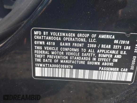 2016 Volkswagen Passat S with VIN 1VWAT7A30GC058676, listed as a IAAI auction lot 39978574 with Not provided miles and . Bid and sale history available at DreamBid. Image 9.