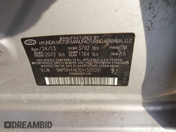 2013 Hyundai Elantra Limited with VIN 5NPDH4AE8DH335091, listed as a IAAI auction lot 41763666 with 135,787 mi miles and . Bid and sale history available at DreamBid. Image 9.