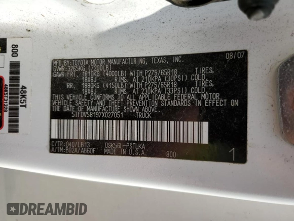 2007 Toyota Tundra Limited z VIN 5TFDV58197X027051, wystawiony jako Copart lot #54549625 z przebiegiem 315 783 mil mil oraz Szkoda całkowita • Salvage title. Historia ofert i sprzedaży dostępna na DreamBid. Obrazek 12.