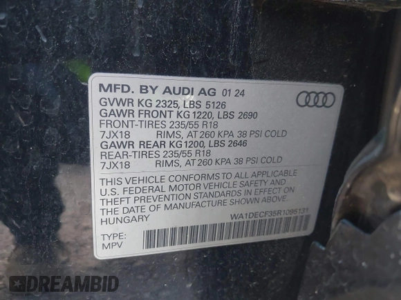 2024 Audi Q3 S line Premium z VIN WA1DECF35R1095131, wystawiony jako IAAI lot #42313681 z przebiegiem 31 510 mil mil oraz . Historia ofert i sprzedaży dostępna na DreamBid. Obrazek 9.
