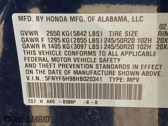 2017 Honda Pilot Touring with VIN 5FNYF6H98HB020341, listed as a IAAI auction lot 42037156 with 73,511 mi miles and . Bid and sale history available at DreamBid. Image 9.