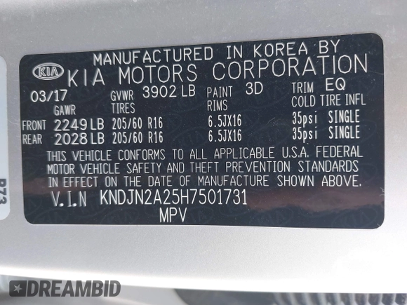 2017 Kia Soul with VIN KNDJN2A25H7501731, listed as a IAAI auction lot 41891464 with 93,438 mi miles. Bid and sale history available at carsss.com. Image 9.