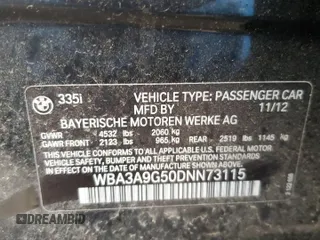 2013 BMW 3 Series 335i with VIN WBA3A9G50DNN73115, listed as a Copart auction lot 55126905 with Not provided miles and Clean title. Bid and sale history available at DreamBid. Image 12.