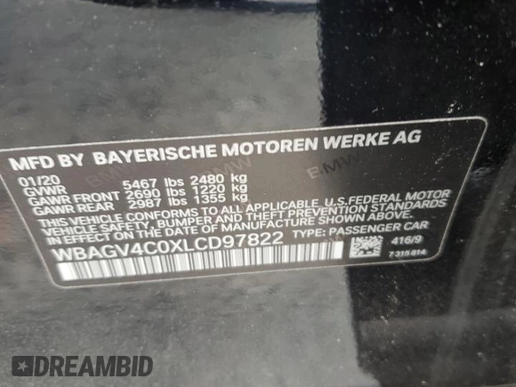 2020 BMW 8 Series 840i with VIN WBAGV4C0XLCD97822, listed as a Copart auction lot 52265065 with Not provided miles and Clean title. Bid and sale history available at DreamBid. Image 12.