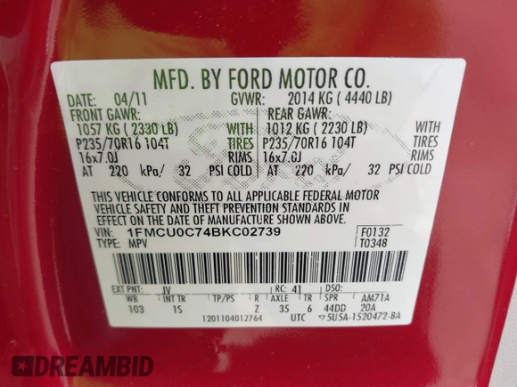 2011 Ford Escape XLS with VIN 1FMCU0C74BKC02739, listed as a IAAI auction lot 42583468 with 221,853 mi miles and . Bid and sale history available at DreamBid. Image 9.