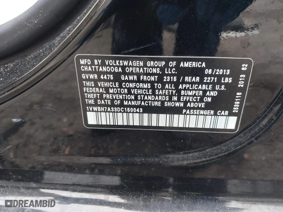 2013 Volkswagen Passat SE w/Sunroof with VIN 1VWBH7A33DC150043, listed as a IAAI auction lot 41411518 with 132,208 mi miles. Bid and sale history available at carsss.com. Image 9.