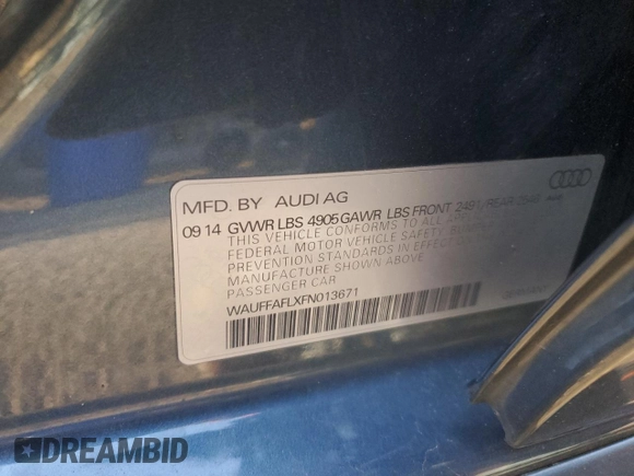 2015 Audi A4 Premium Plus with VIN WAUFFAFLXFN013671, listed as a Copart auction lot 51095675 with 92,685 mi miles and Salvage Title. Bid and sale history available at carsss.com. Image 12.