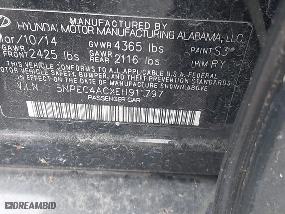 2014 Hyundai Sonata SE with VIN 5NPEC4ACXEH911797, listed as a IAAI auction lot 41901373 with 103,529 mi miles. Bid and sale history available at carsss.com. Image 9.