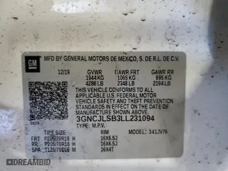 2020 Chevrolet Trax LT with VIN 3GNCJLSB3LL231094, listed as a Copart auction lot 48155605 with 51,574 mi miles and Salvage Title. Bid and sale history available at carsss.com. Image 13.