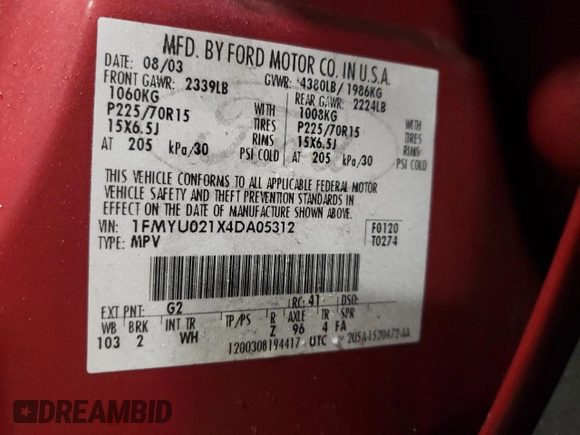 2004 Ford Escape XLS with VIN 1FMYU021X4DA05312, listed as a Copart auction lot 86185954 with 186,010 mi miles and Salvage Title. Bid and sale history available at DreamBid. Image 12.