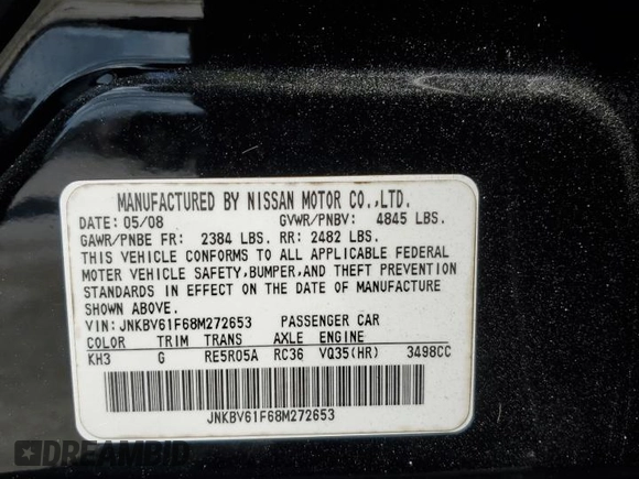 2008 Infiniti G35 x with VIN JNKBV61F68M272653, listed as a Copart auction lot 77273994 with 318,542 mi miles and Salvage Title. Bid and sale history available at DreamBid. Image 14.