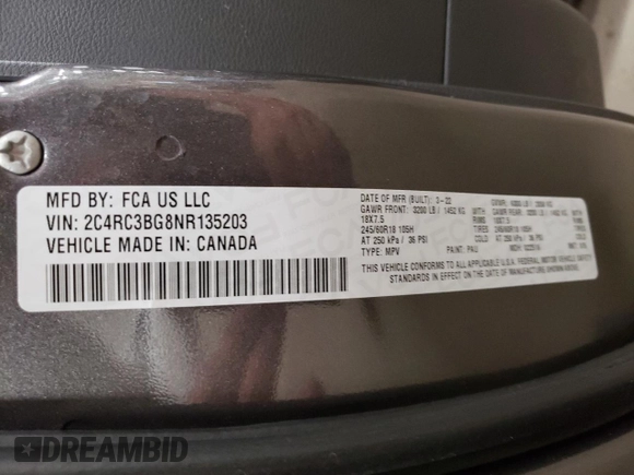 2022 Chrysler Pacifica Touring L z VIN 2C4RC3BG8NR135203, wystawiony jako Copart lot #81473494 z przebiegiem 51 123 mil mil oraz Szkoda całkowita • Salvage title. Historia ofert i sprzedaży dostępna na DreamBid. Obrazek 12.
