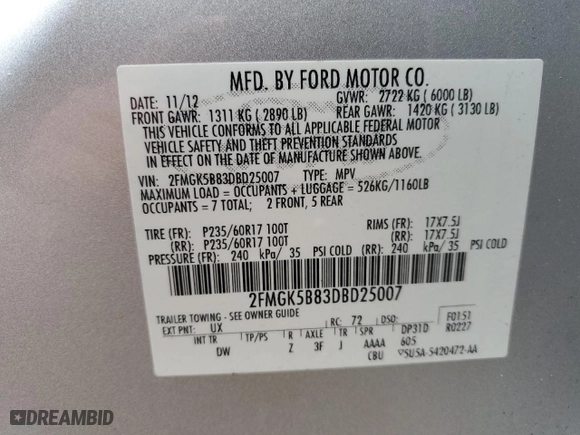 2013 Ford Flex SE with VIN 2FMGK5B83DBD25007, listed as a Copart auction lot 49052455 with 95,336 mi miles and Salvage Title. Bid and sale history available at carsss.com. Image 13.