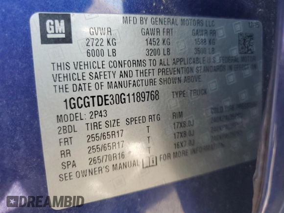 2016 Chevrolet Colorado 4WD Z71 with VIN 1GCGTDE30G1189768, listed as a Copart auction lot 62017095 with 146,140 mi miles and Salvage title. Bid and sale history available at DreamBid. Image 12.