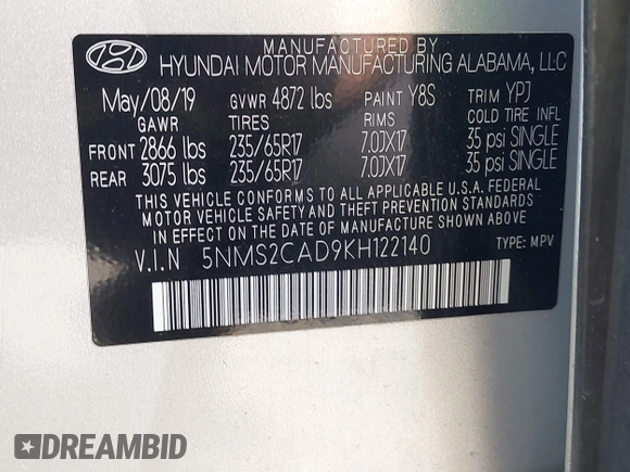 2019 Hyundai Santa Fe SE with VIN 5NMS2CAD9KH122140, listed as a IAAI auction lot 42616171 with 50,794 mi miles and . Bid and sale history available at DreamBid. Image 9.