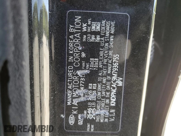 2021 Kia Sportage EX with VIN KNDPNCAC9M7936755, listed as a Copart auction lot 53895995 with 38,386 mi miles and Salvage title. Bid and sale history available at DreamBid. Image 13.
