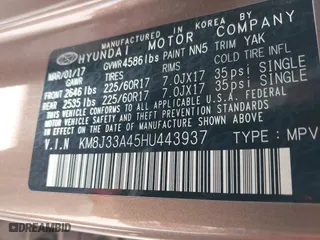 2017 Hyundai Tucson SE Plus with VIN KM8J33A45HU443937, listed as a IAAI auction lot 41652543 with 127,332 mi miles. Bid and sale history available at carsss.com. Image 9.
