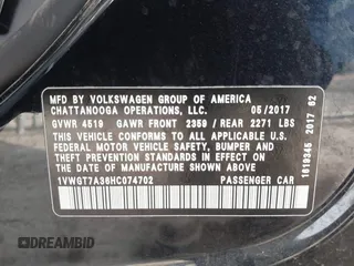 2017 Volkswagen Passat 1.8T SE w/Technology with VIN 1VWGT7A36HC074702, listed as a IAAI auction lot 41805024 with 124,857 mi miles. Bid and sale history available at carsss.com. Image 9.