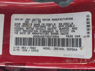 2009 Toyota Corolla with VIN 1NXBU40E79Z073304, listed as a IAAI auction lot 42227884 with Not provided miles and . Bid and sale history available at DreamBid. Image 9.