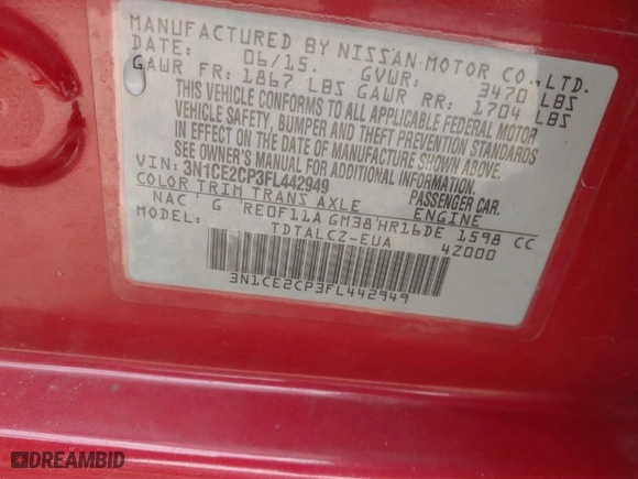 2015 Nissan Versa Note S with VIN 3N1CE2CP3FL442949, listed as a IAAI auction lot 41821803 with 132,420 mi miles. Bid and sale history available at carsss.com. Image 9.