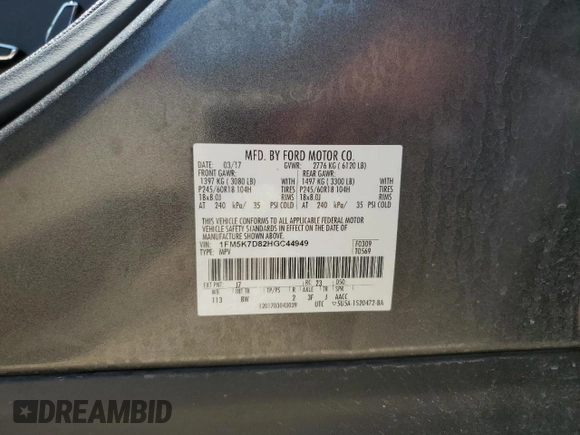 2017 Ford Explorer XLT with VIN 1FM5K7D82HGC44949, listed as a Copart auction lot 53078505 with 84,807 mi miles and Salvage Title. Bid and sale history available at carsss.com. Image 14.