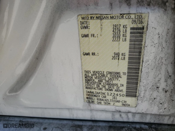 2017 Nissan Altima 2.5 SR with VIN 1N4AL3AP2HC122450, listed as a Copart auction lot 45940525 with 182,355 mi miles and Salvage Title. Bid and sale history available at carsss.com. Image 12.