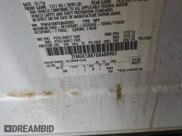 2016 Ford Flex SE z VIN 2FMGK5B87GBA00901, wystawiony jako Copart lot #51020725 z przebiegiem 83 029 mil mil oraz Szkoda całkowita • Salvage title. Historia ofert i sprzedaży dostępna na DreamBid. Obrazek 15.
