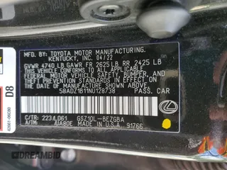2022 Lexus ES 350 with VIN 58ADZ1B11NU128738, listed as a Copart auction lot 56295765 with 64,606 mi miles and Salvage title. Bid and sale history available at DreamBid. Image 12.