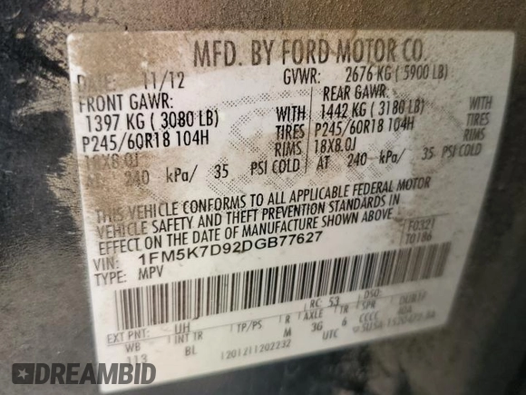 2013 Ford Explorer XLT z VIN 1FM5K7D92DGB77627, wystawiony jako Copart lot #55407715 z przebiegiem 182 730 mil mil oraz Szkoda całkowita • Salvage title. Historia ofert i sprzedaży dostępna na DreamBid. Obrazek 13.