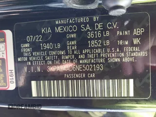2022 Kia Rio S with VIN 3KPA24AD6NE502193, listed as a IAAI auction lot 42081391 with 18,683 mi miles and . Bid and sale history available at carsss.com. Image 9.