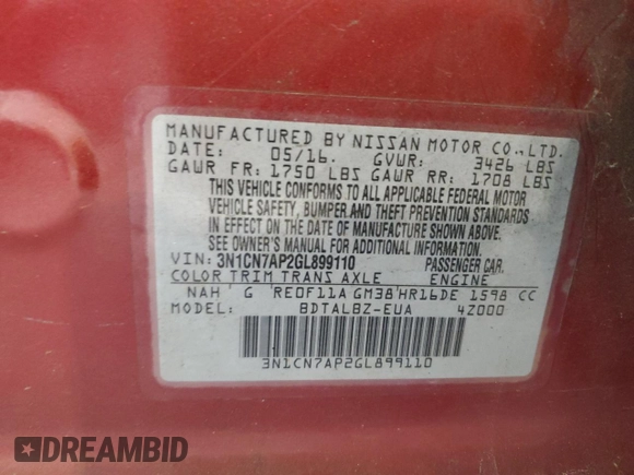 2016 Nissan Versa SV with VIN 3N1CN7AP2GL899110, listed as a Copart auction lot 48454855 with 182,247 mi miles and Salvage Title. Bid and sale history available at carsss.com. Image 14.