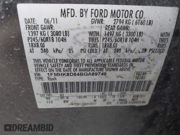 2011 Ford Explorer XLT with VIN 1FMHK8D84BGA89749, listed as a IAAI auction lot 41409288 with 171,938 mi miles and . Bid and sale history available at carsss.com. Image 9.
