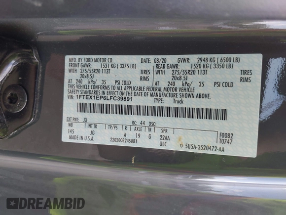 2020 Ford F-150 XL with VIN 1FTEX1EP6LFC39891, listed as a IAAI auction lot 42259739 with 75,877 mi miles and . Bid and sale history available at DreamBid. Image 9.
