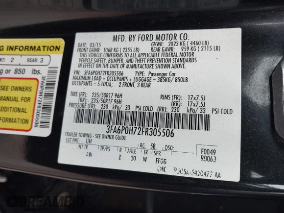 2015 Ford Fusion SE z VIN 3FA6P0H72FR305506, wystawiony jako IAAI lot #42139545 z przebiegiem 94 461 mil mil oraz . Historia ofert i sprzedaży dostępna na DreamBid. Obrazek 9.