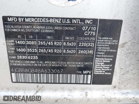 2011 Mercedes-Benz M 350 with VIN 4JGBB8GB4BA633067, listed as a IAAI auction lot 42127228 with 197,193 mi miles and . Bid and sale history available at DreamBid. Image 9.