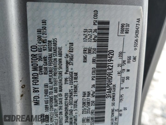 2020 Ford Fusion SE with VIN 3FA6P0HD9LR219420, listed as a Copart auction lot 50100945 with 45,009 mi miles and Salvage Title. Bid and sale history available at carsss.com. Image 12.