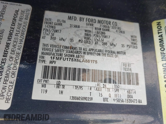 2006 Ford Expedition Eddie Bauer with VIN 1FMFU175X6LA88175, listed as a IAAI auction lot 42259682 with 225,003 mi miles and . Bid and sale history available at DreamBid. Image 9.