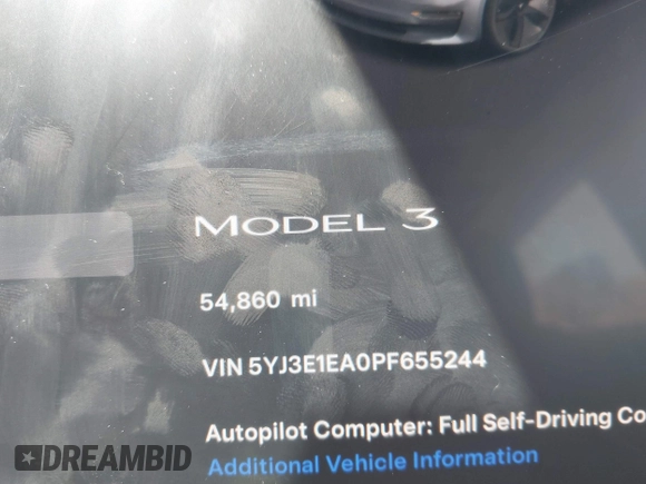 2023 Tesla Model 3 z VIN 5YJ3E1EA0PF655244, wystawiony jako IAAI lot #42004592 z przebiegiem 54 860 mil mil oraz . Historia ofert i sprzedaży dostępna na DreamBid. Obrazek 7.