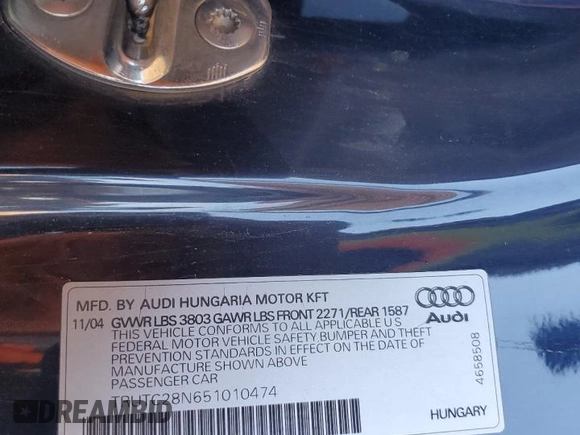 2005 Audi TT with VIN TRUTC28N651010474, listed as a Copart auction lot 60269635 with 133,837 mi miles and Salvage title. Bid and sale history available at DreamBid. Image 12.