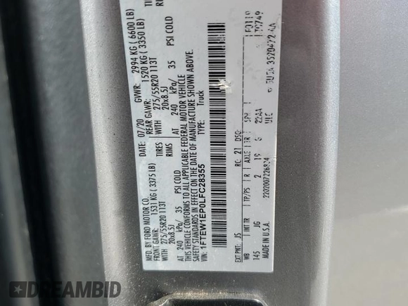 2020 Ford F-150 XL z VIN 1FTEW1EP0LFC28355, wystawiony jako Copart lot #60056765 z przebiegiem 109 003 mil mil oraz Nie do naprawy • Non repairable. Historia ofert i sprzedaży dostępna na DreamBid. Obrazek 12.
