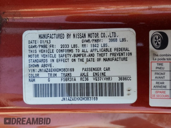 2013 Nissan 370Z Touring z VIN JN1AZ4EHXDM383169, wystawiony jako Copart lot #59787045 z przebiegiem 76 601 mil mil oraz Szkoda całkowita • Salvage title. Historia ofert i sprzedaży dostępna na DreamBid. Obrazek 12.