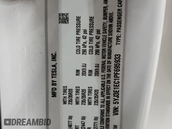 2023 Tesla Model 3 Performance with VIN 5YJ3E1EC1PF695933, listed as a Copart auction lot 47872315 with 19,379 mi miles and Salvage Title. Bid and sale history available at carsss.com. Image 14.
