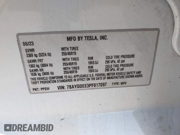 2023 Tesla Model Y Long Range with VIN 7SAYGDEE3PF817097, listed as a IAAI auction lot 41767294 with 64,047 mi miles and . Bid and sale history available at DreamBid. Image 9.