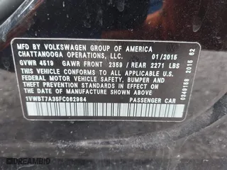 2015 Volkswagen Passat 1.8T Sport with VIN 1VWBT7A35FC062984, listed as a IAAI auction lot 42053939 with 106,095 mi miles. Bid and sale history available at carsss.com. Image 9.