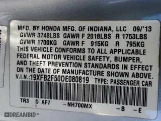 2013 Honda Civic Sdn LX with VIN 19XFB2F50DE080819, listed as a Copart auction lot 51474275 with 176,063 mi miles and Salvage Title. Bid and sale history available at carsss.com. Image 12.