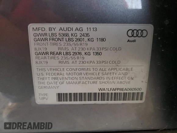 2014 Audi Q5 Premium Plus with VIN WA1LFAFP8EA060500, listed as a Copart auction lot 62337165 with 97,598 mi miles and Salvage title. Bid and sale history available at DreamBid. Image 13.