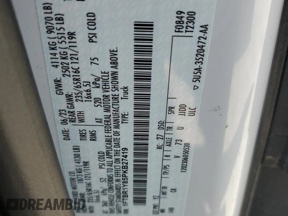 2023 Ford Transit Cargo z VIN 1FTBR1Y85PKB27419, wystawiony jako Copart lot #58053535 z przebiegiem Nie podano mil oraz Szkoda całkowita • Salvage title. Historia ofert i sprzedaży dostępna na DreamBid. Obrazek 14.